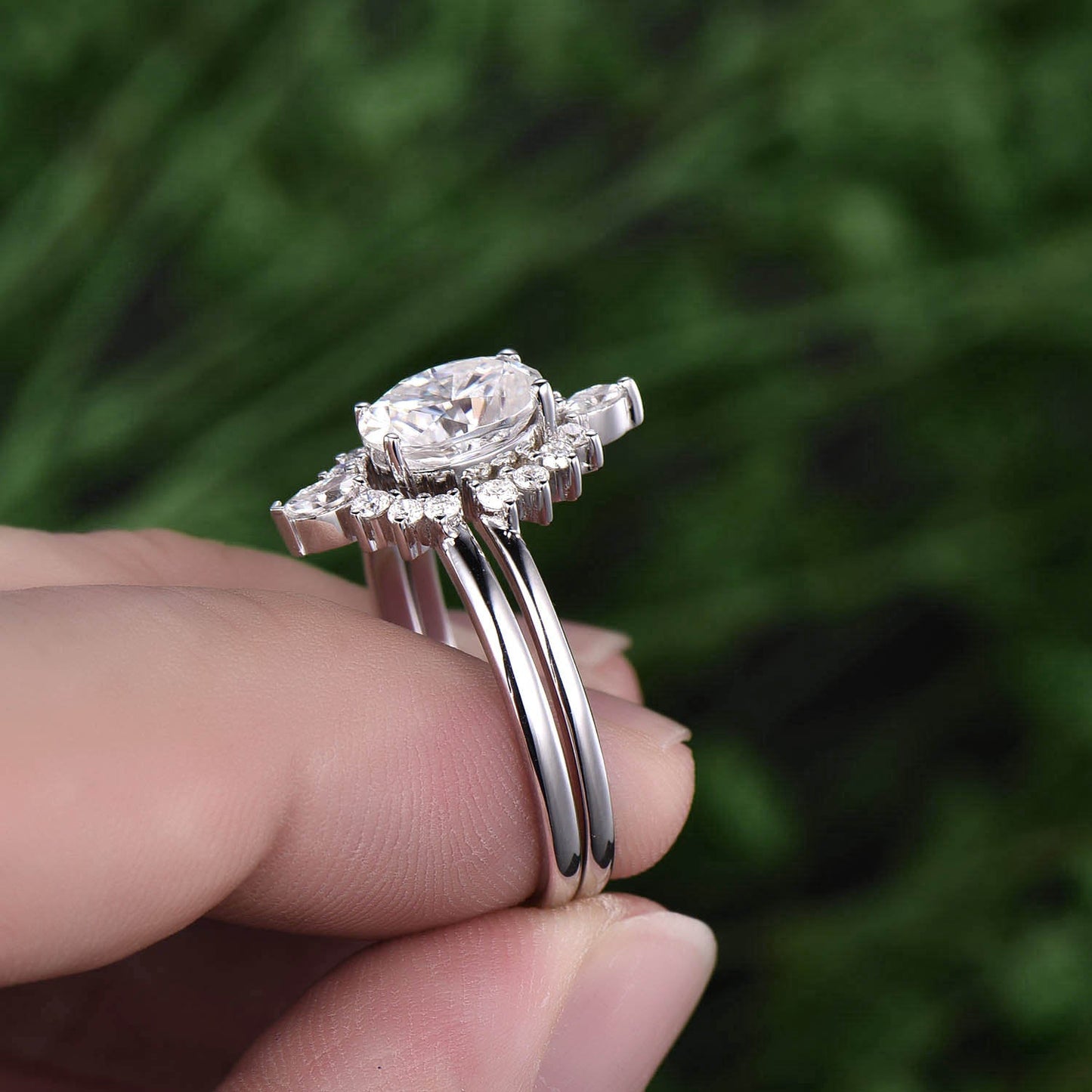Marquise moissanite ring set 2pcs oval cut moissanite engagement ring set white gold unique vintage halo ring bridal set anniversary gift