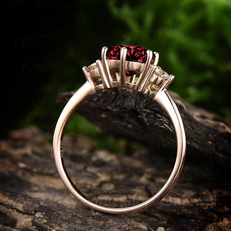 Three stone moissanite ring round red garnet engagement ring solid rose gold garnet ring vintage women wedding bridal ring jewelry gift