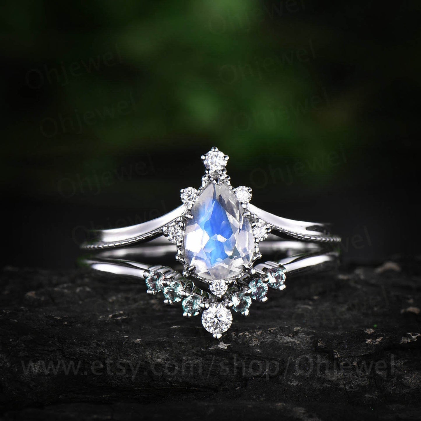 2pcs pear moonstone engagement ring set vintage alexandrite ring set white gold unique alexandrite wedding band June birthstone ring set