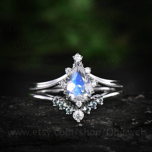 2pcs pear moonstone engagement ring set vintage alexandrite ring set white gold unique alexandrite wedding band June birthstone ring set