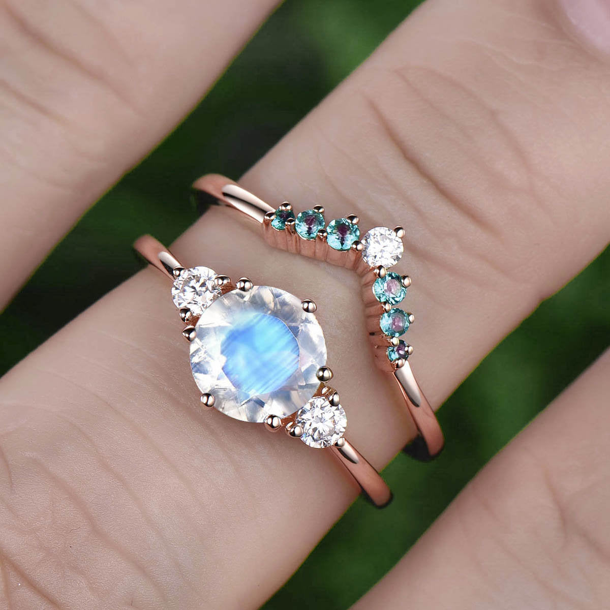 2pc Three stone ring moissanite crown ring alexandrite wedding band natural moonstone engagement ring set rose gold June birthstone ring set