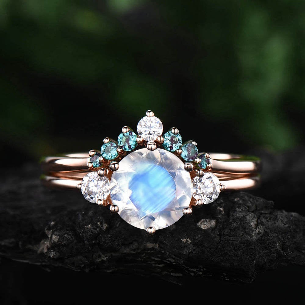 2pc Three stone ring moissanite crown ring alexandrite wedding band natural moonstone engagement ring set rose gold June birthstone ring set