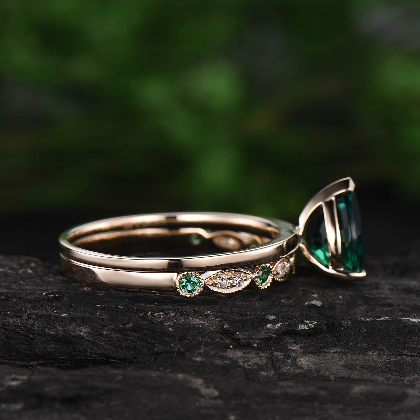 Solitaire emerald ring vintage 2pcs pear emerald engagement ring set solid yellow gold real diamond ring natural emerald wedding band