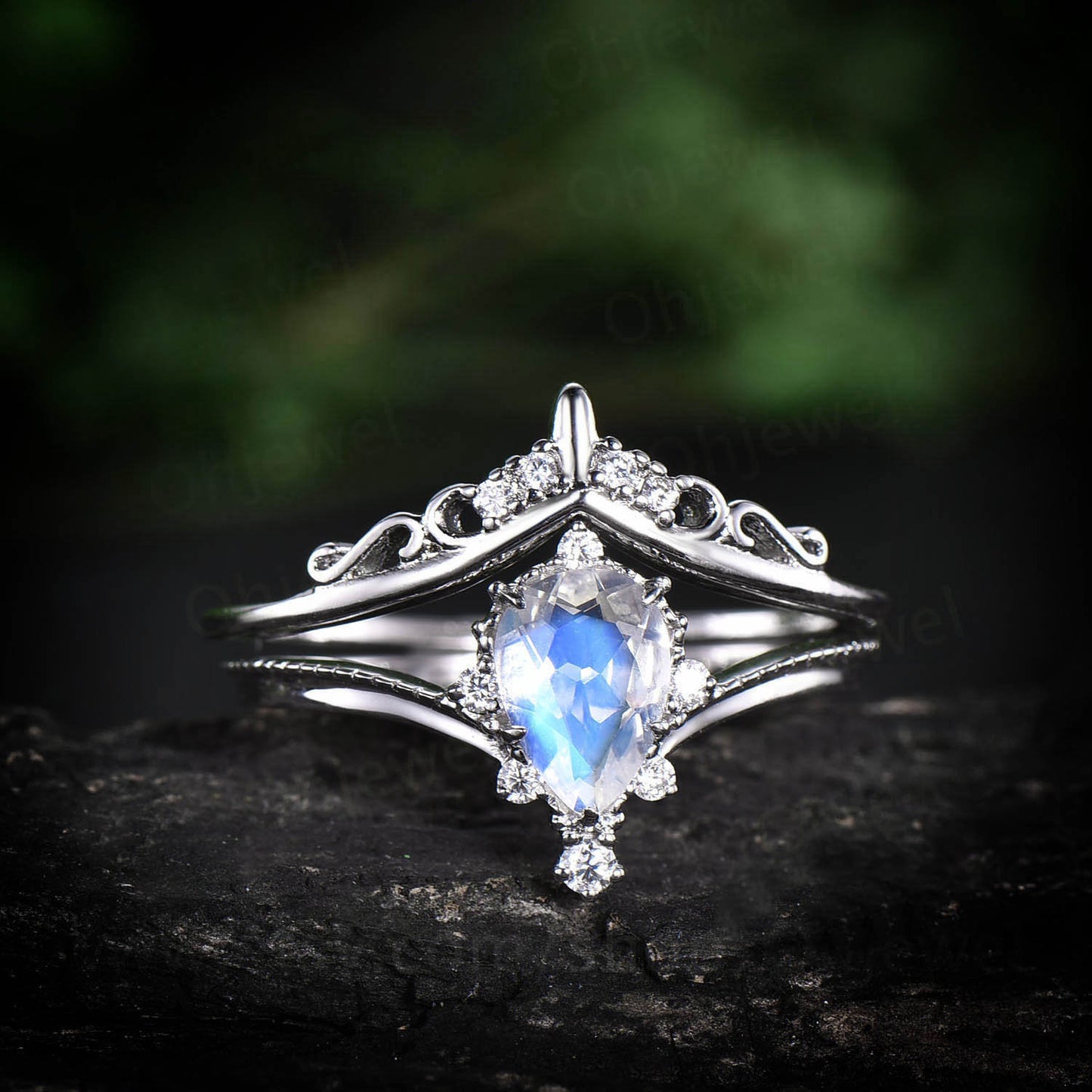 5x7mm pear moonstone ring set unique vintage 2pcs moonstone engagement ring set white gold moissanite ring June birthstone ring bridal set