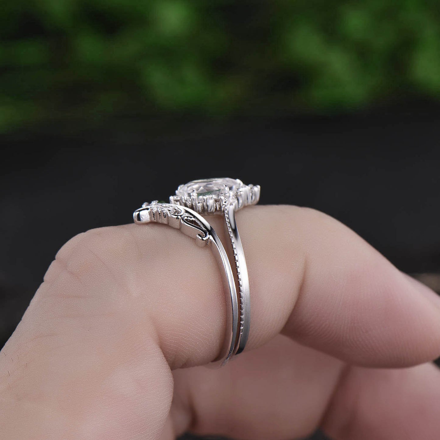5x7mm pear moonstone ring set unique vintage 2pcs moonstone engagement ring set white gold moissanite ring June birthstone ring bridal set