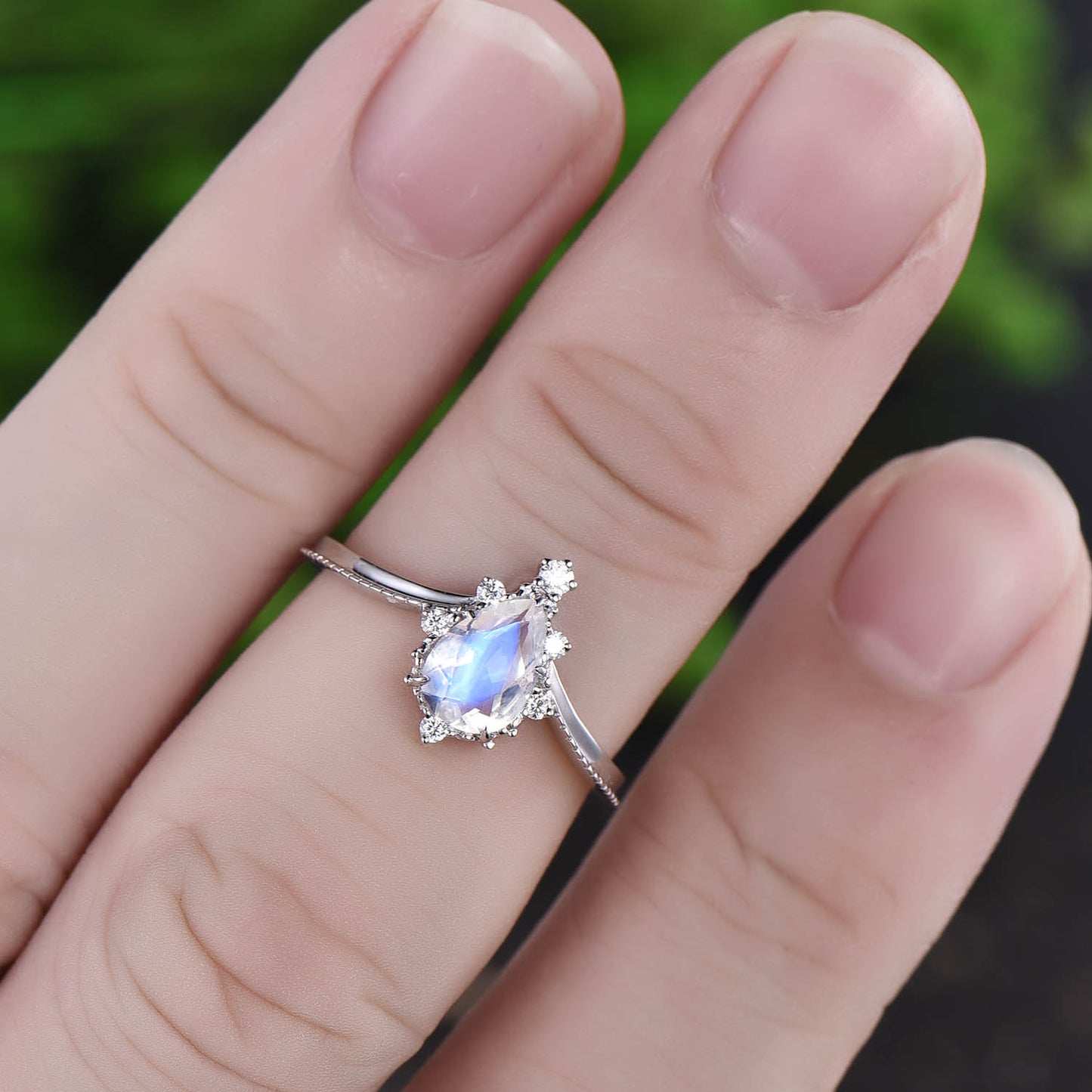 5x7mm pear cut moonstone engagement ring white gold June birthstone ring cluster unique vintage moissanite ring bridal anniversary gift