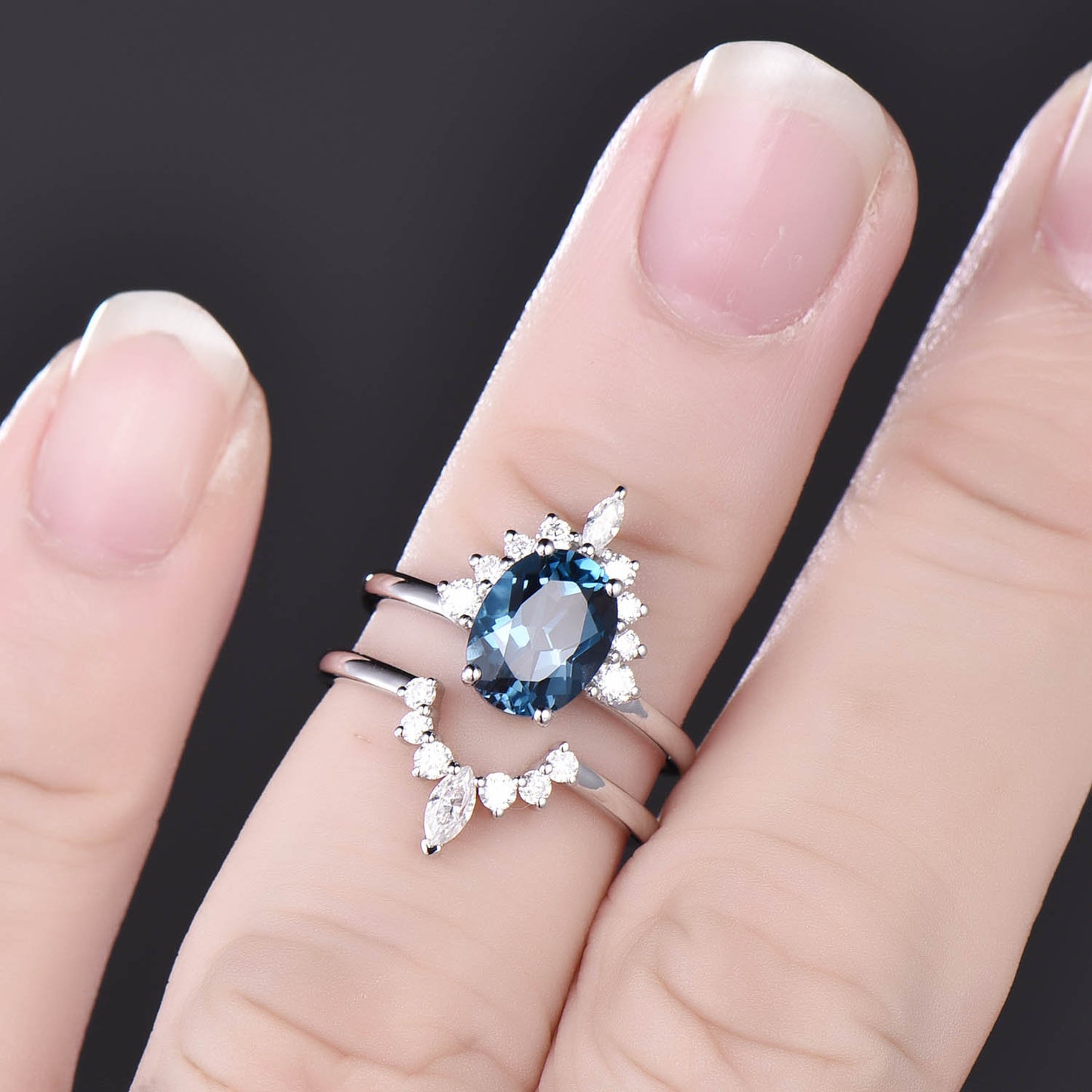 2pcs cluster crown art deco moissanite ring band oval London blue topaz engagement ring set rose gold vintage topaz wedding bridal ring set
