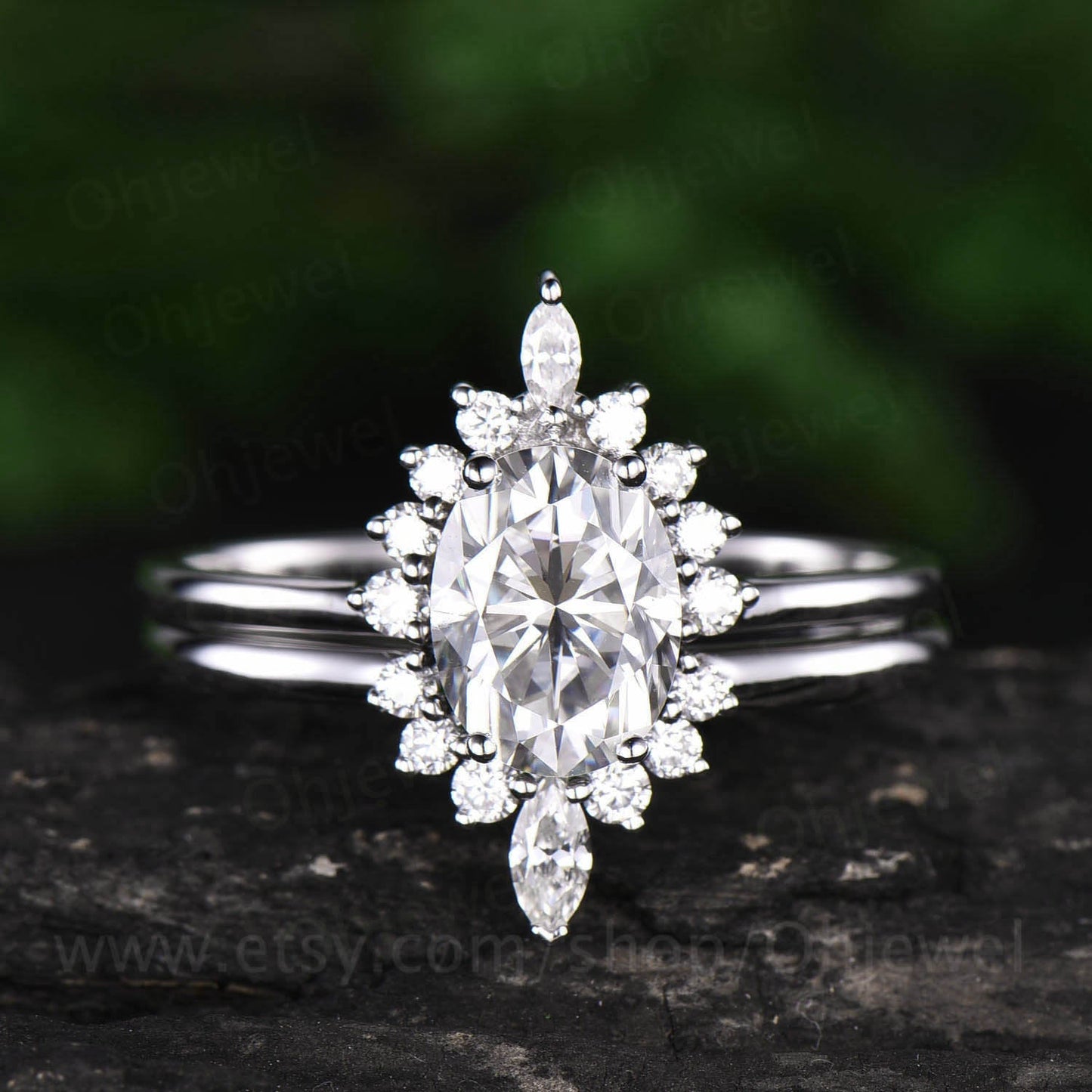 Marquise moissanite ring set 2pcs oval cut moissanite engagement ring set white gold unique vintage halo ring bridal set anniversary gift