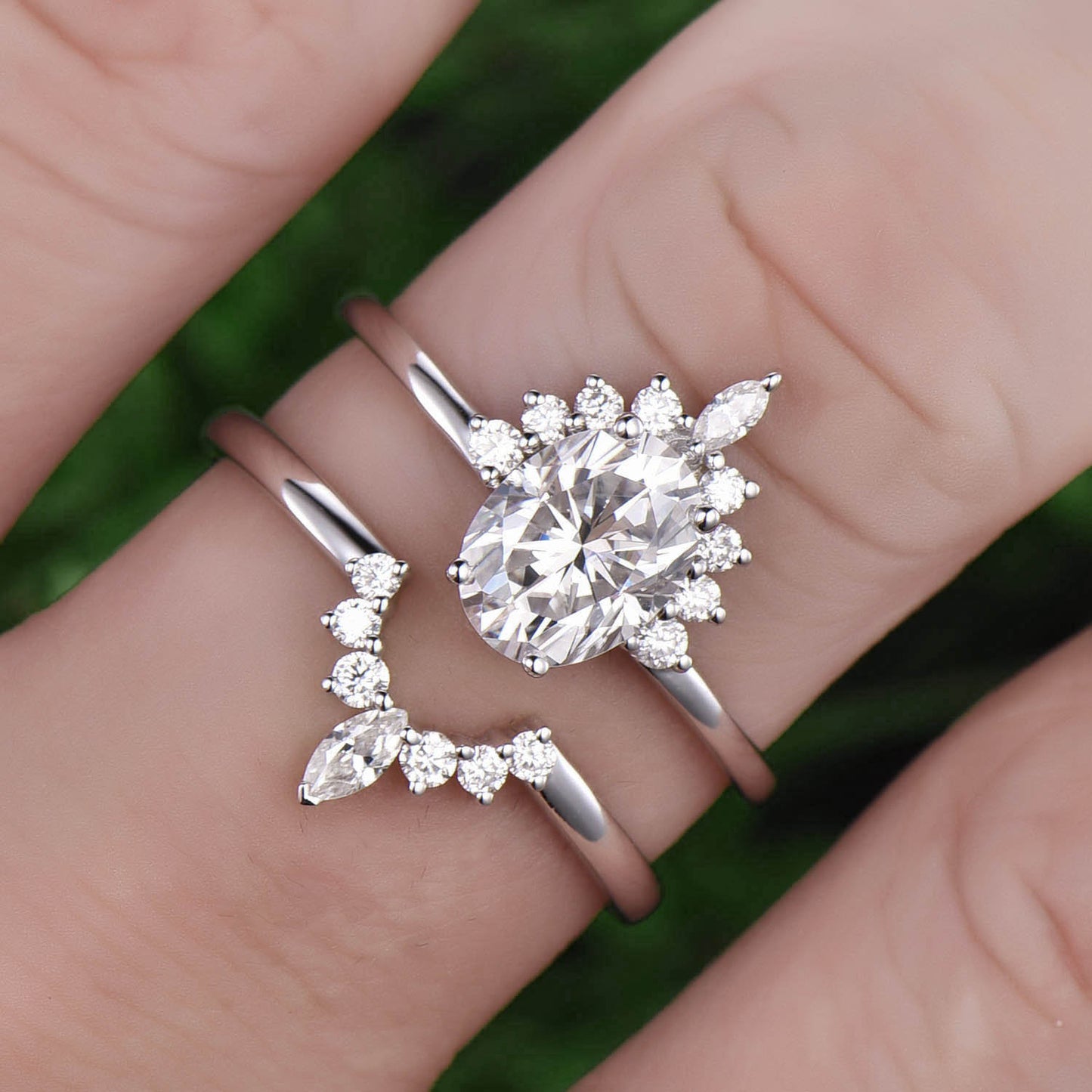 Marquise moissanite ring set 2pcs oval cut moissanite engagement ring set white gold unique vintage halo ring bridal set anniversary gift