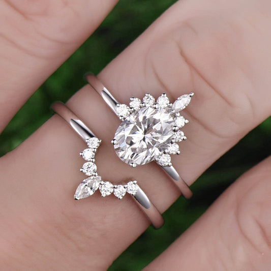 Marquise moissanite ring set 2pcs oval cut moissanite engagement ring set white gold unique vintage halo ring bridal set anniversary gift