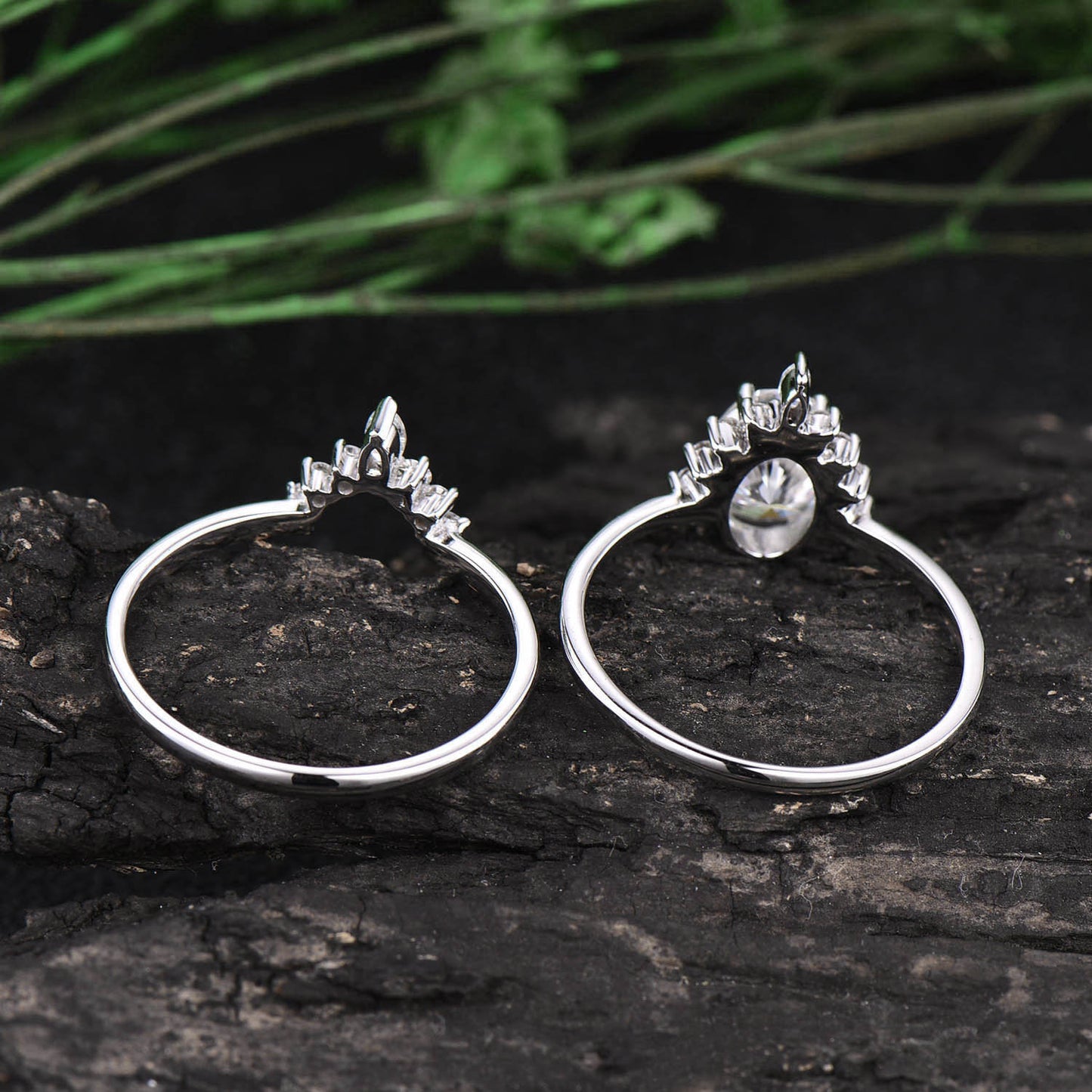 Marquise moissanite ring set 2pcs oval cut moissanite engagement ring set white gold unique vintage halo ring bridal set anniversary gift