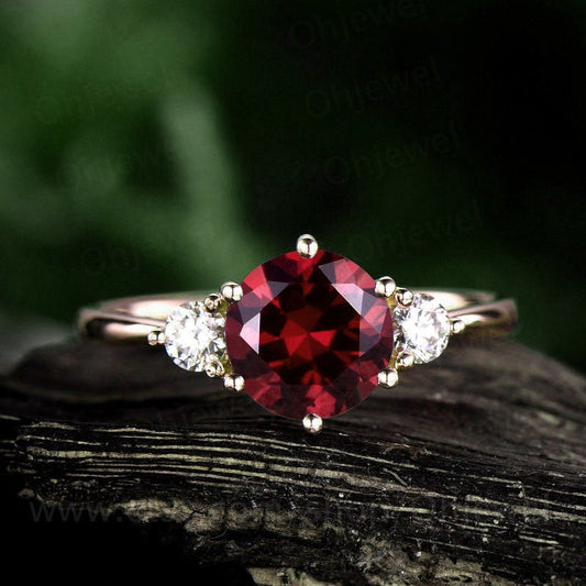 Three stone moissanite ring round red garnet engagement ring solid rose gold garnet ring vintage women wedding bridal ring jewelry gift