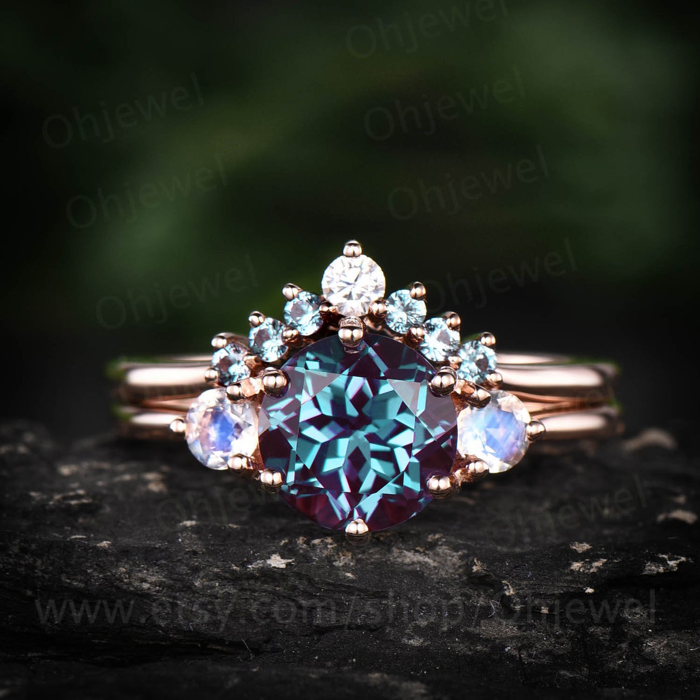 June birthstone ring rose gold ring three stone ring vintage moonstone ring color change alexandrite engagement ring set moissanite ring