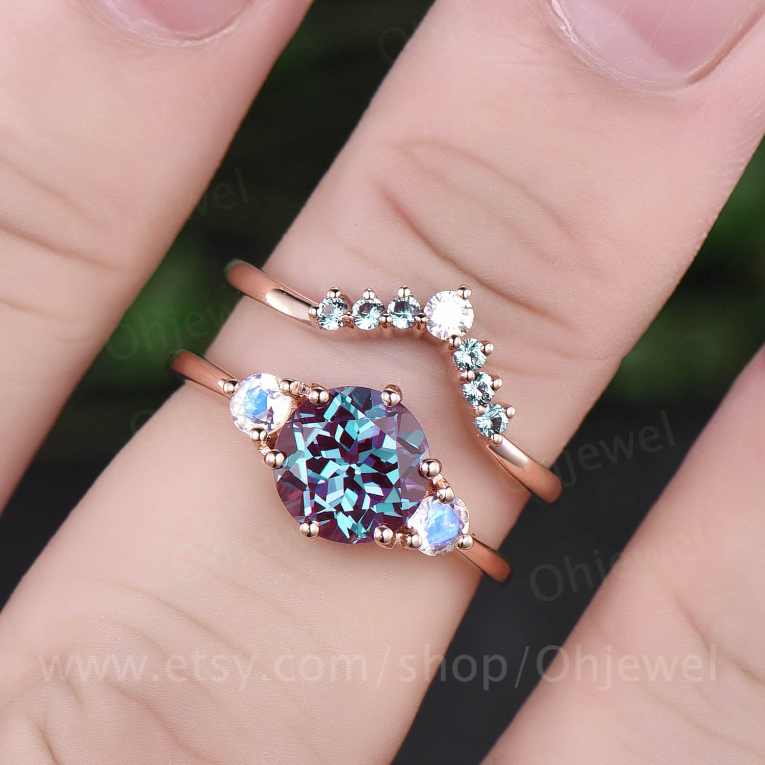 June birthstone ring rose gold ring three stone ring vintage moonstone ring color change alexandrite engagement ring set moissanite ring