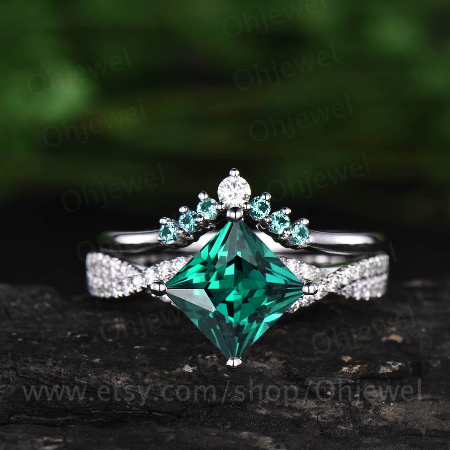 2pcs princess cut emerald engagement ring set rose gold ring set natural emerald wedding band moissanite ring May birthstone ring jewelry