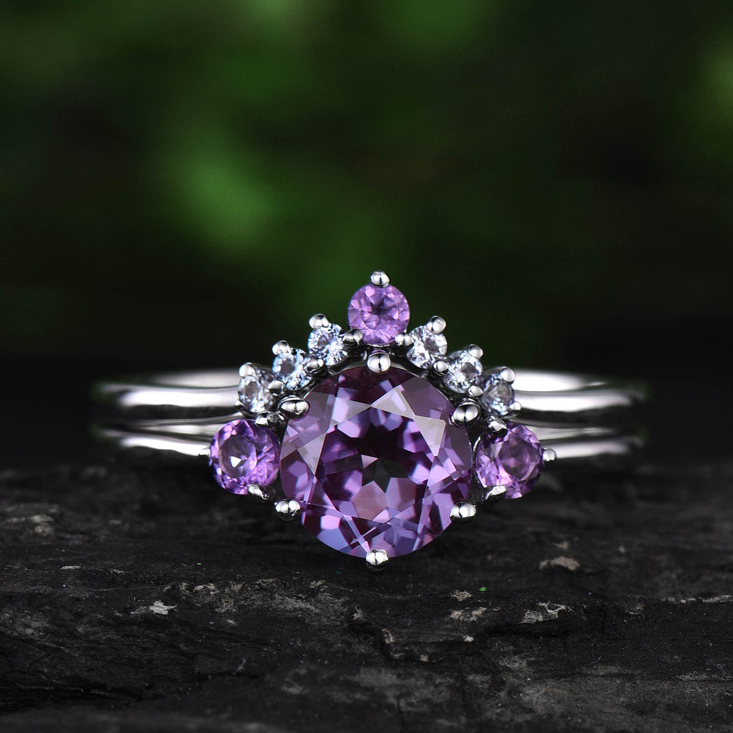 Vintage unique Three stone engagement ring color change 7mm alexandrite engagement ring set white gold amethyst ring June birthstone ring