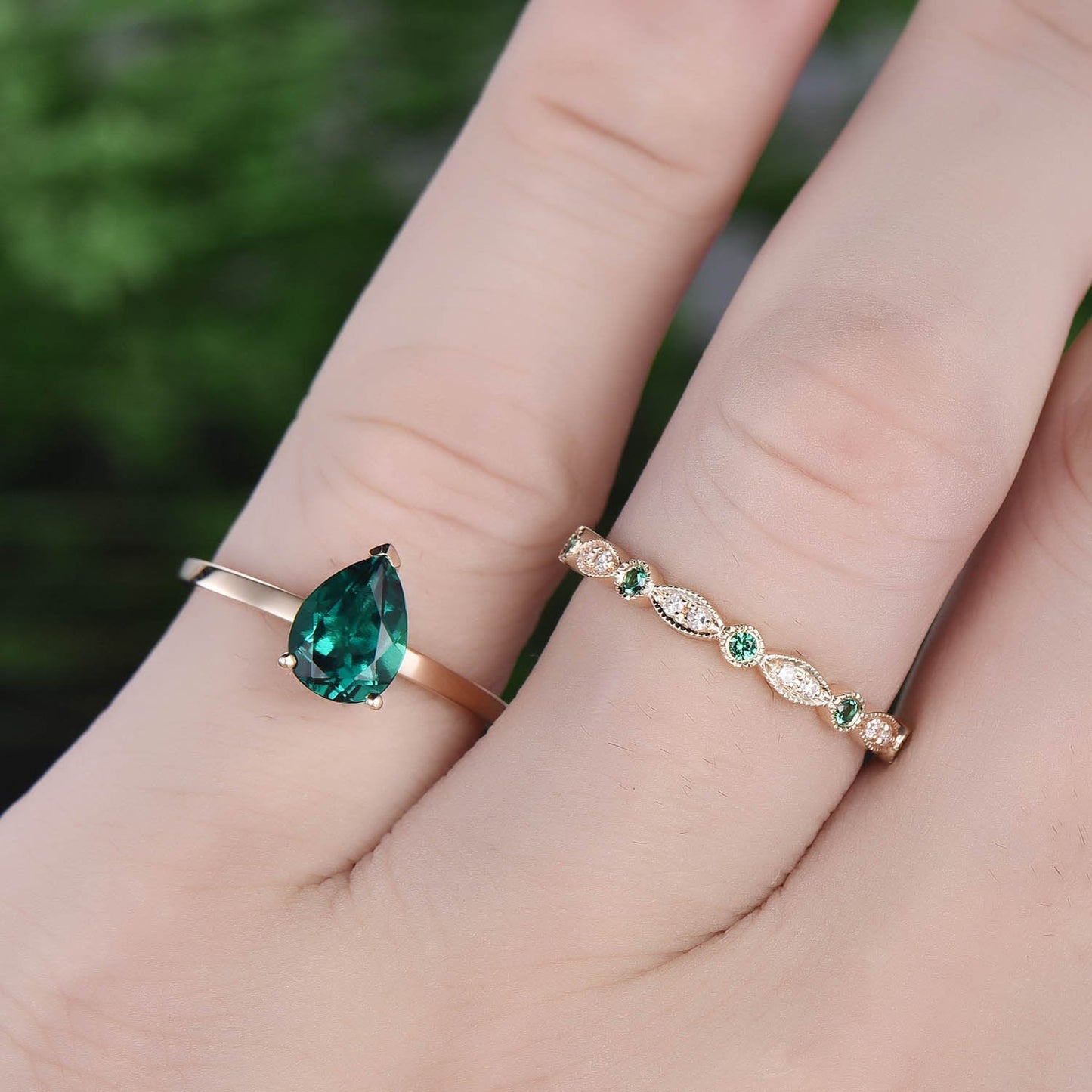 Solitaire emerald ring vintage 2pcs pear emerald engagement ring set solid yellow gold real diamond ring natural emerald wedding band