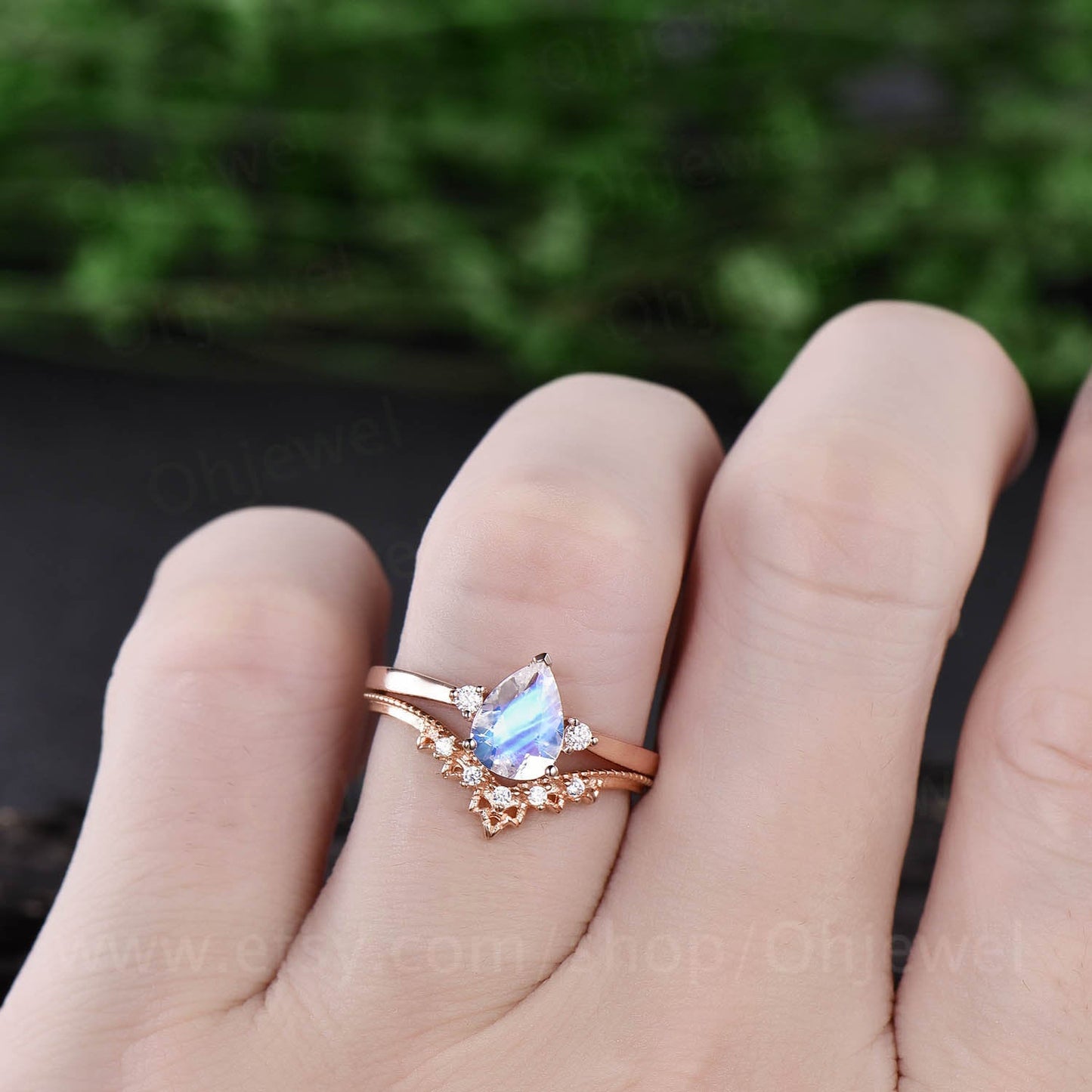 Rose gold ring set moonstone ring set 2pc moonstone engagement ring set 14k 18k rose gold moissanite ring anniversay ring wedding bridal set