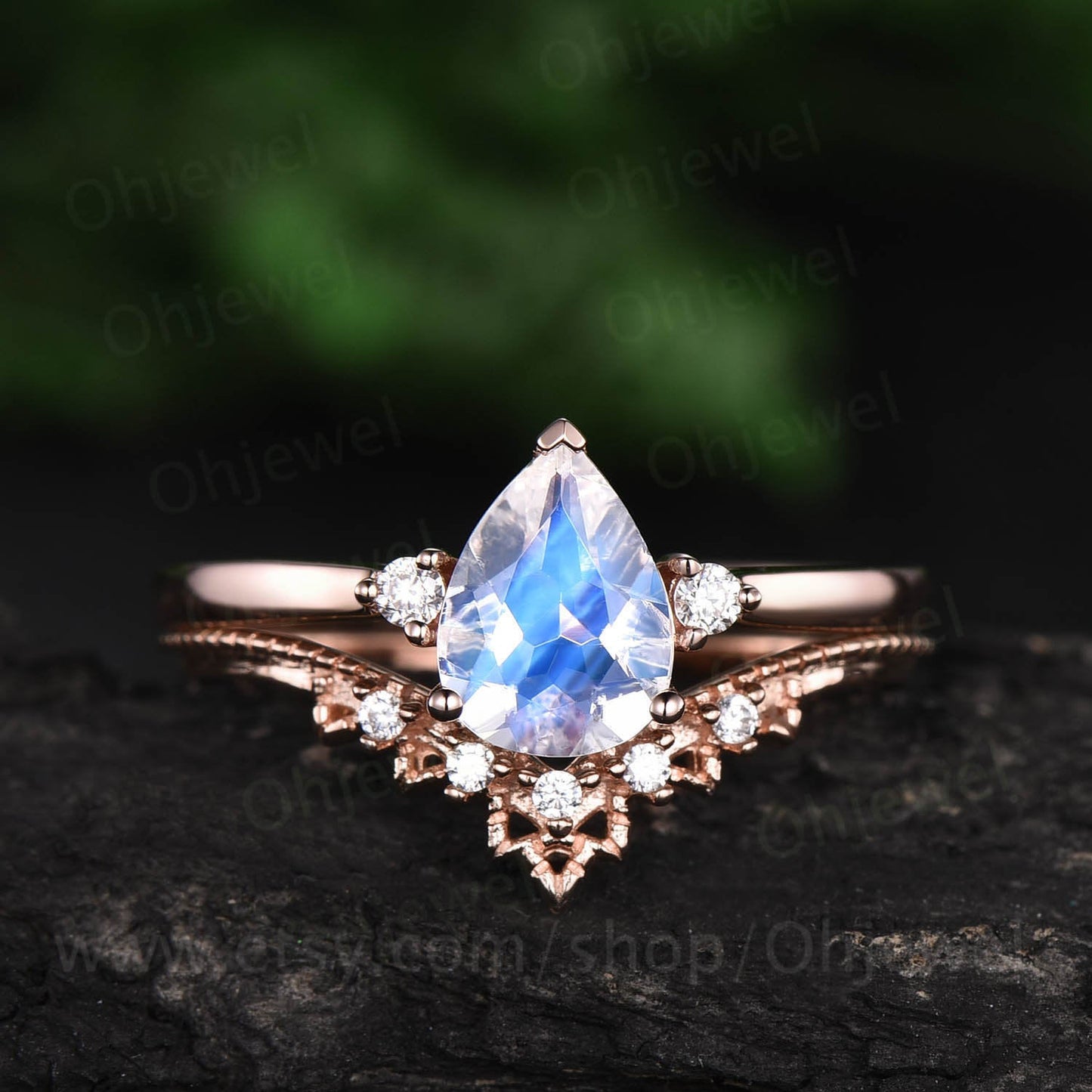 Rose gold ring set moonstone ring set 2pc moonstone engagement ring set 14k 18k rose gold moissanite ring anniversay ring wedding bridal set
