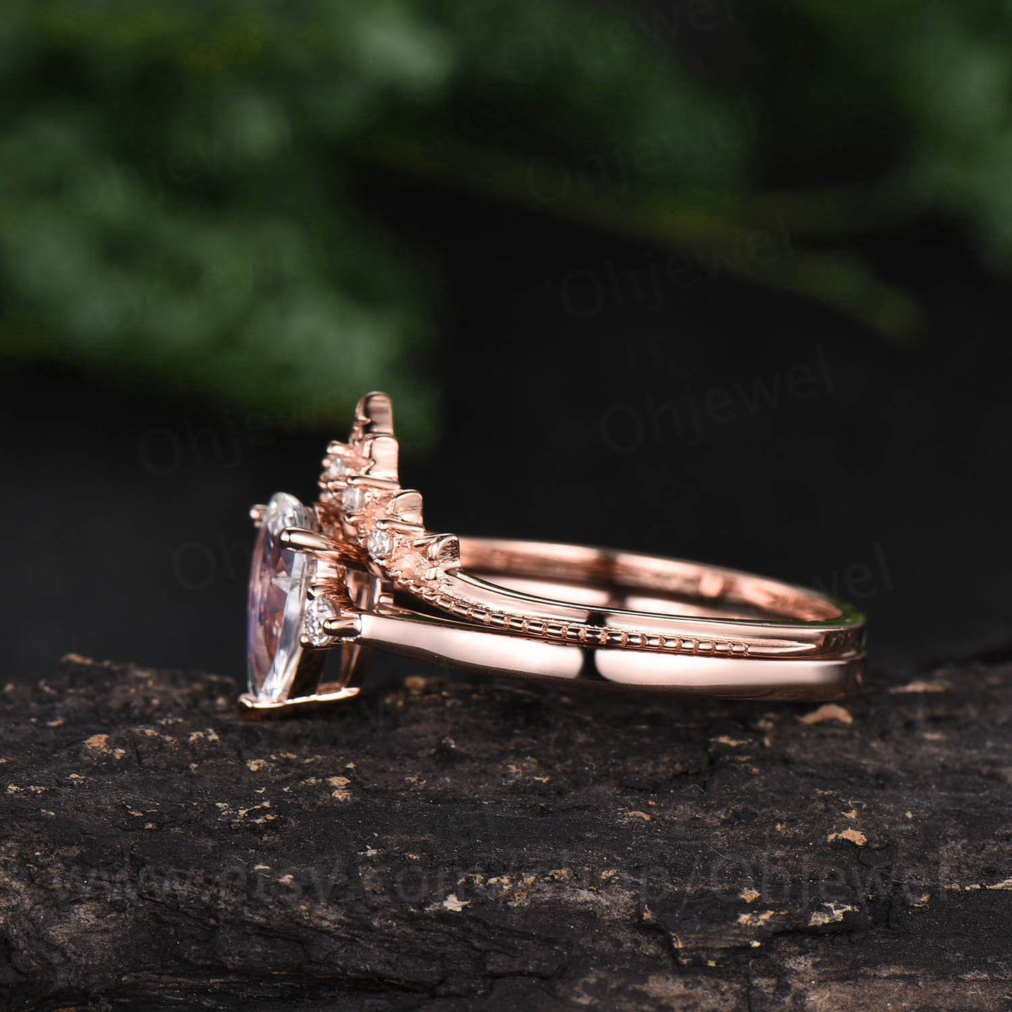 Rose gold ring set moonstone ring set 2pc moonstone engagement ring set 14k 18k rose gold moissanite ring anniversay ring wedding bridal set