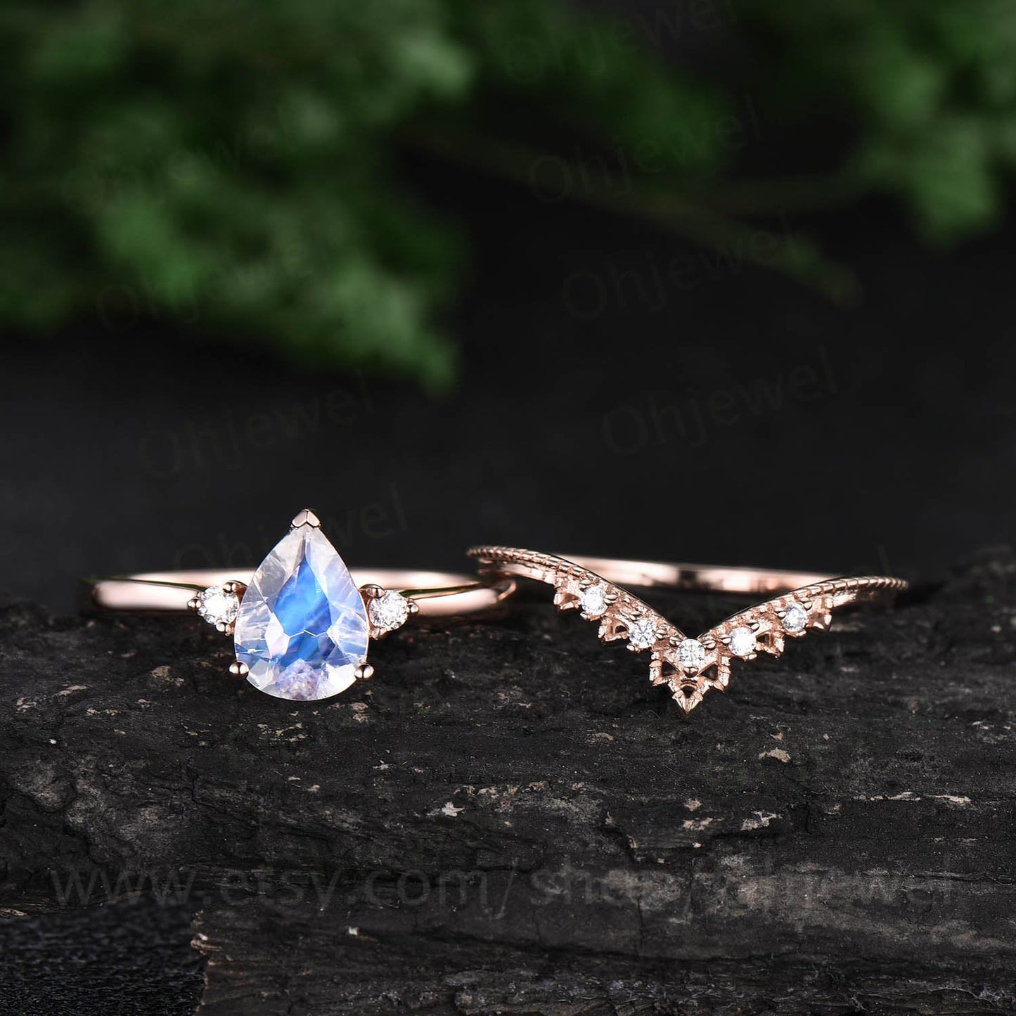 Rose gold ring set moonstone ring set 2pc moonstone engagement ring set 14k 18k rose gold moissanite ring anniversay ring wedding bridal set