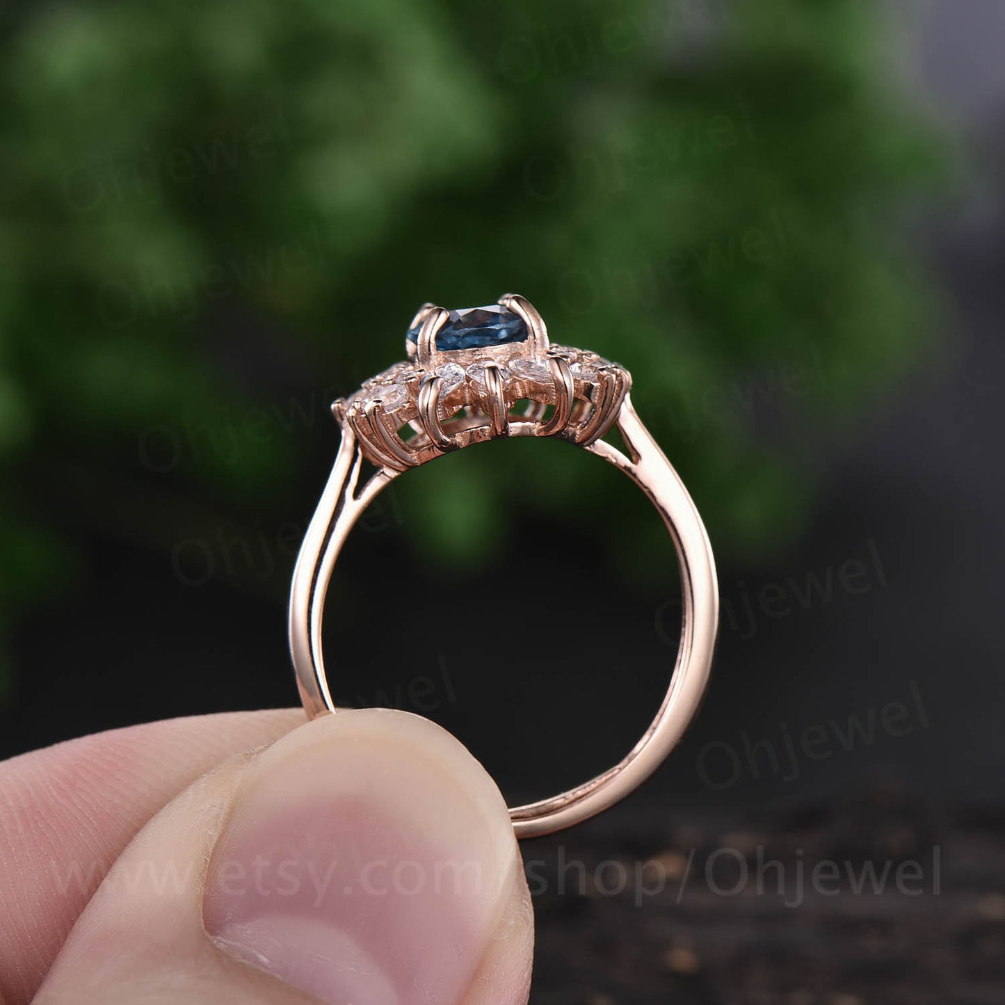 Marquise moissanite ring art deco ring vintage unique halo cluster oval London blue topaz engagement ring rose gold anniversary ring gift