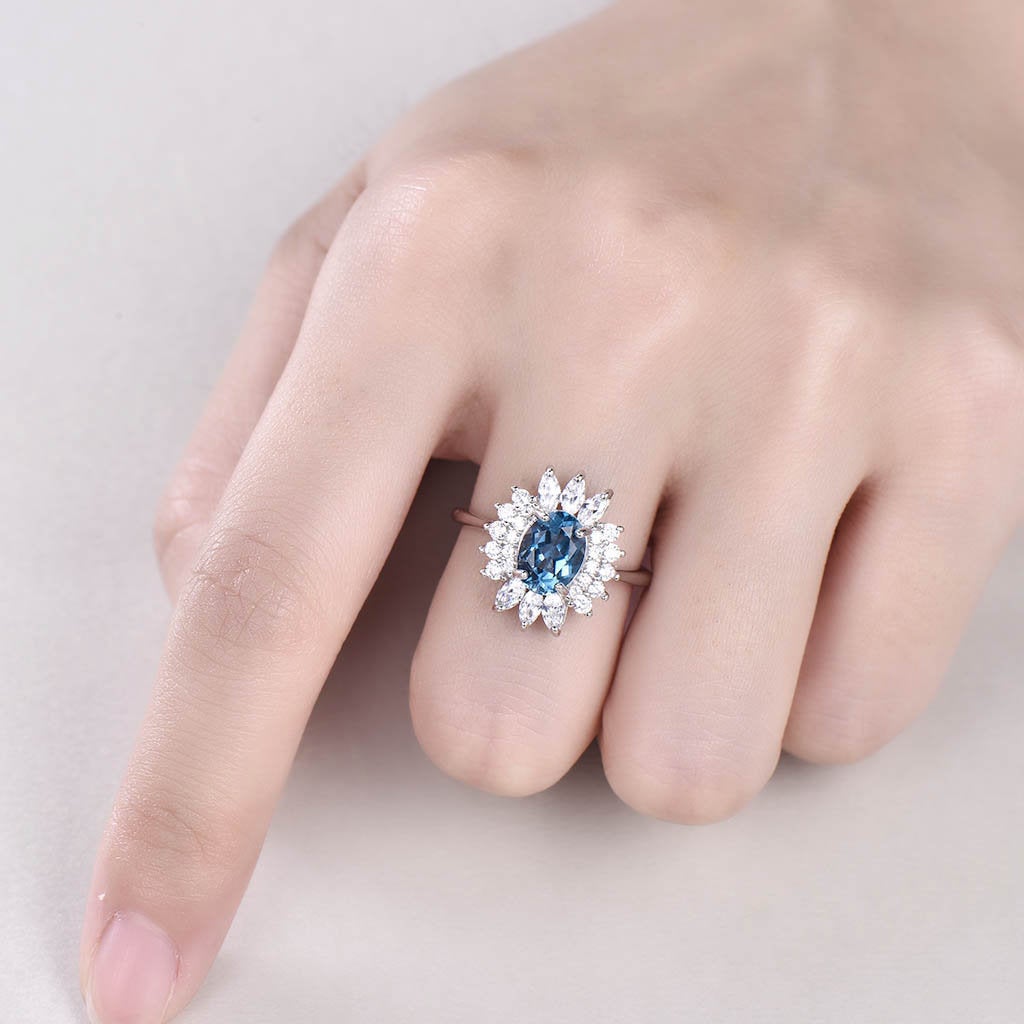 Marquise moissanite ring art deco ring vintage unique halo cluster oval London blue topaz engagement ring rose gold anniversary ring gift