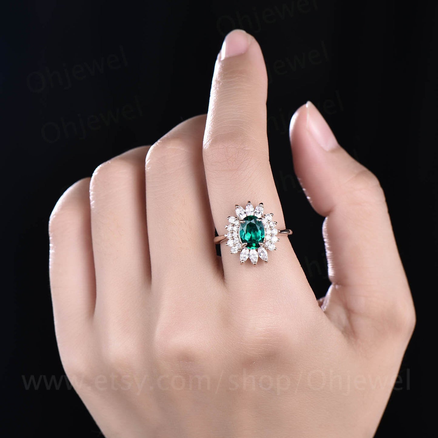 Marquise moissanite ring art deco ring vintage unique halo cluster oval emerald engagement ring rose gold anniversary ring birthday gift