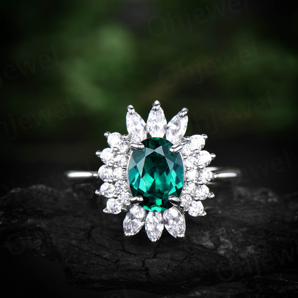 Marquise moissanite ring art deco ring vintage unique halo cluster oval emerald engagement ring rose gold anniversary ring birthday gift
