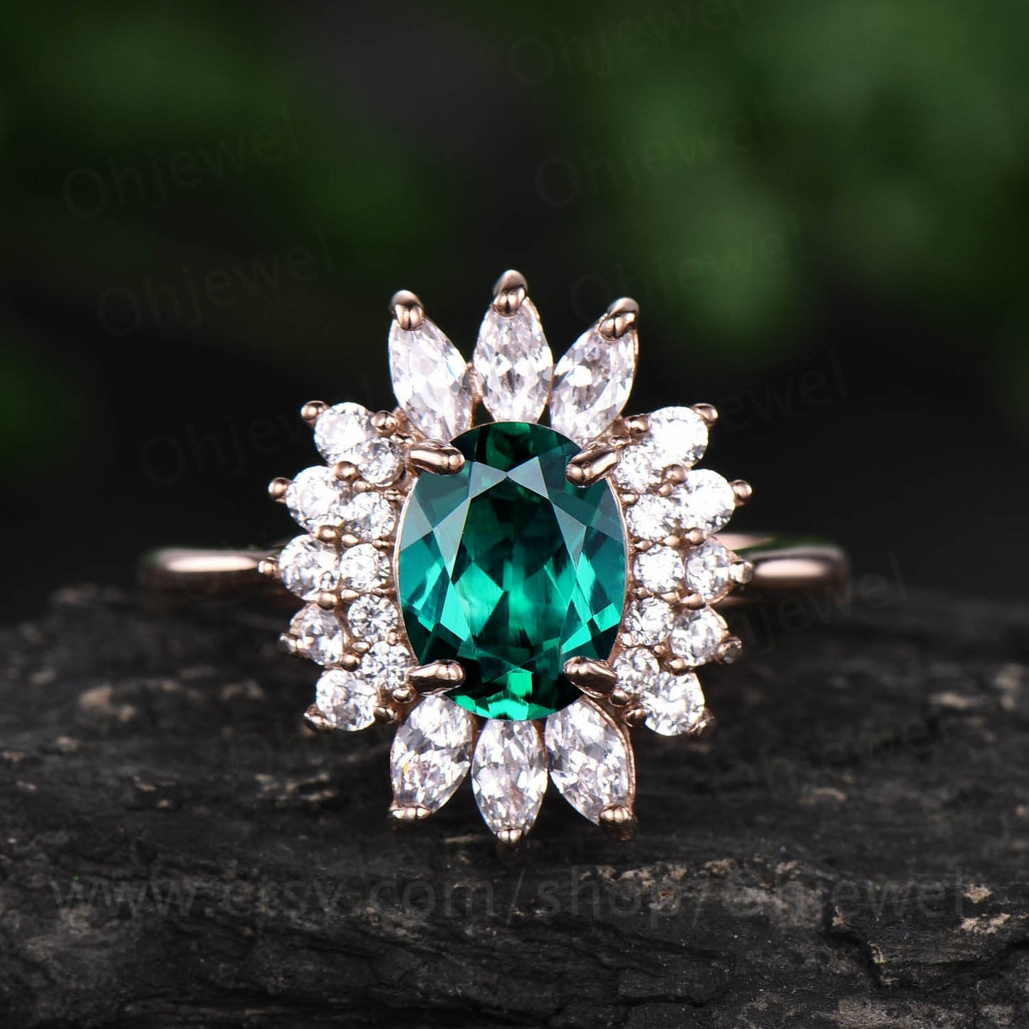 Marquise moissanite ring art deco ring vintage unique halo cluster oval emerald engagement ring rose gold anniversary ring birthday gift