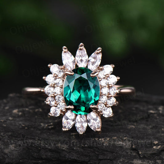 Marquise moissanite ring art deco ring vintage unique halo cluster oval emerald engagement ring rose gold anniversary ring birthday gift