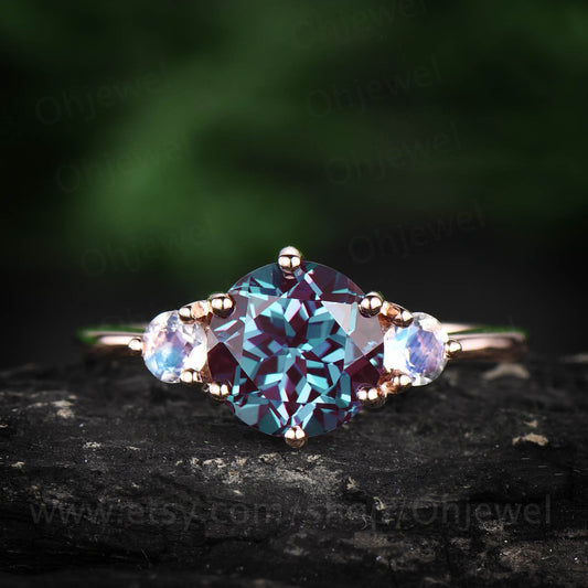 Three stone moonstone ring rose gold ring 7mm round color change alexandrite engagement ring vintage unique ring wedding anniversary ring