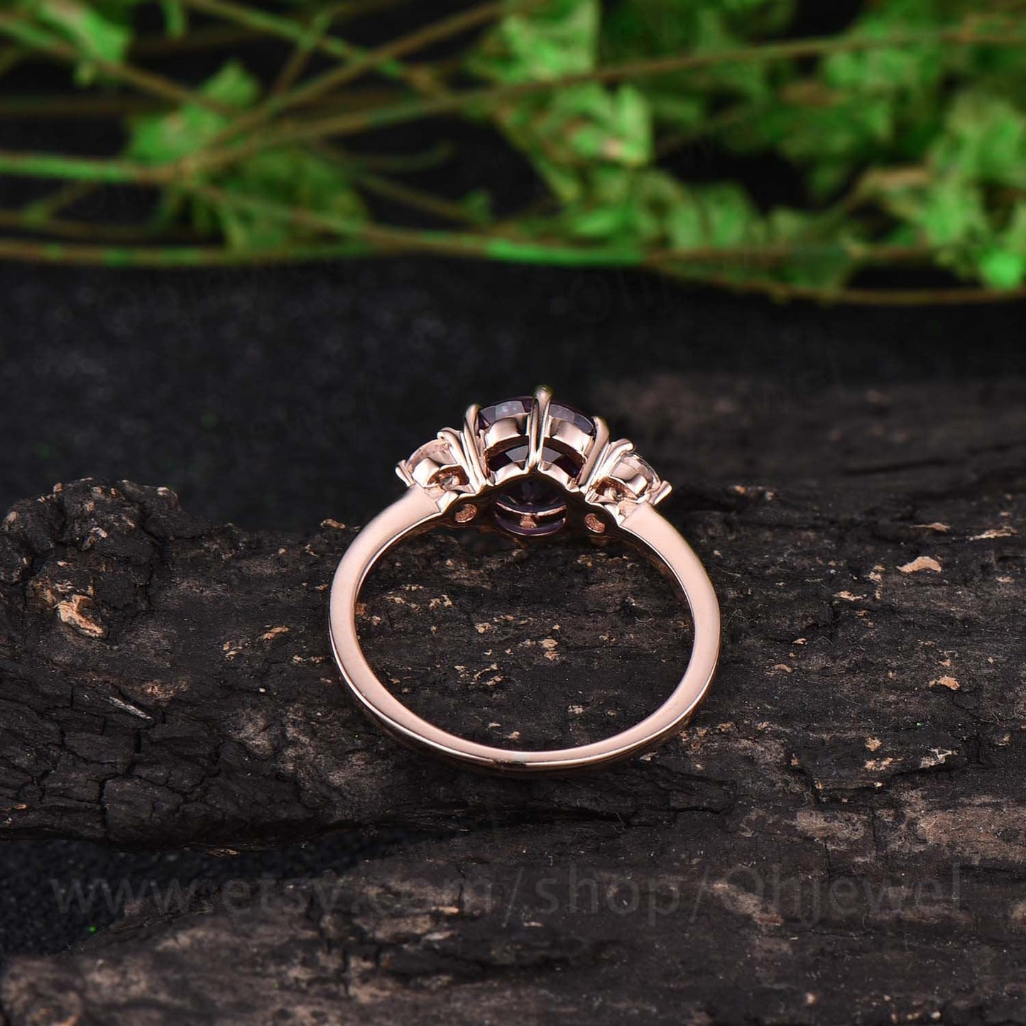 Three stone moonstone ring rose gold ring 7mm round color change alexandrite engagement ring vintage unique ring wedding anniversary ring