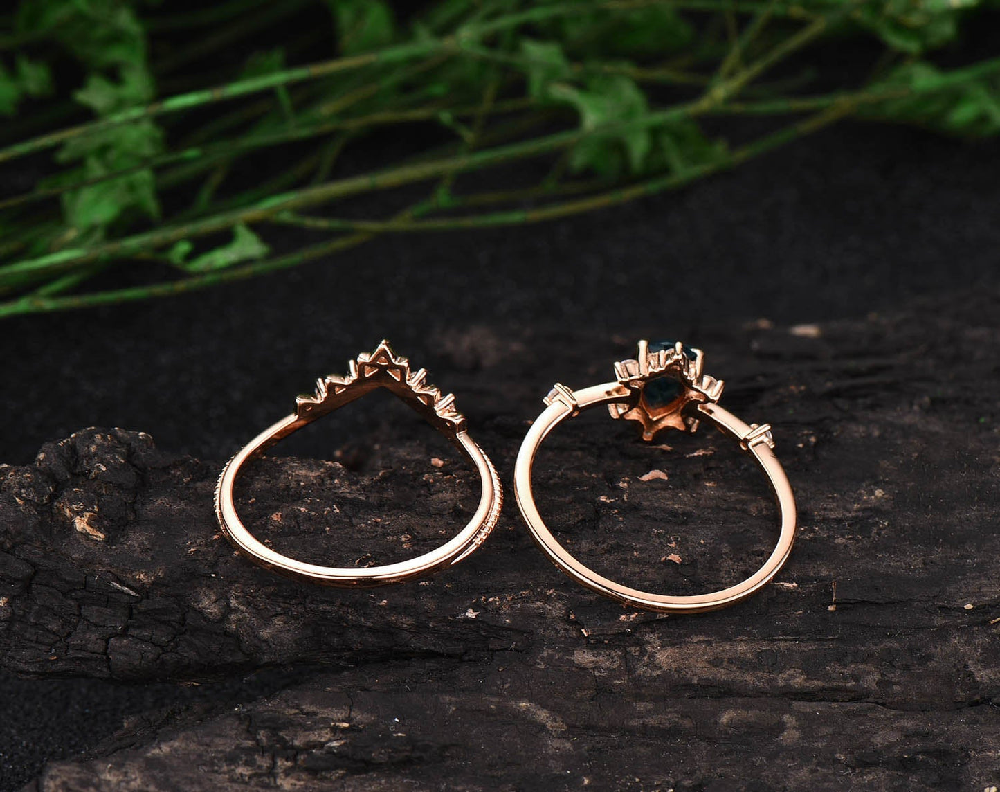 Rose gold ring set unique vintage engagement ring 2pcs pear emerald engagement ring set cluster moissanite ring set wedding bridal set gift
