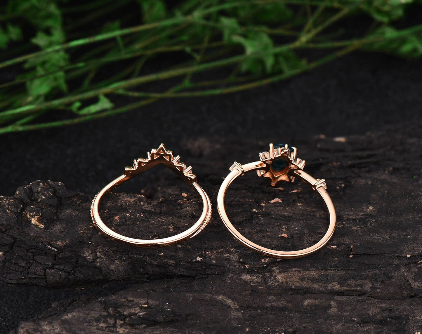 Rose gold ring set unique vintage engagement ring 2pcs pear emerald engagement ring set cluster moissanite ring set wedding bridal ring set