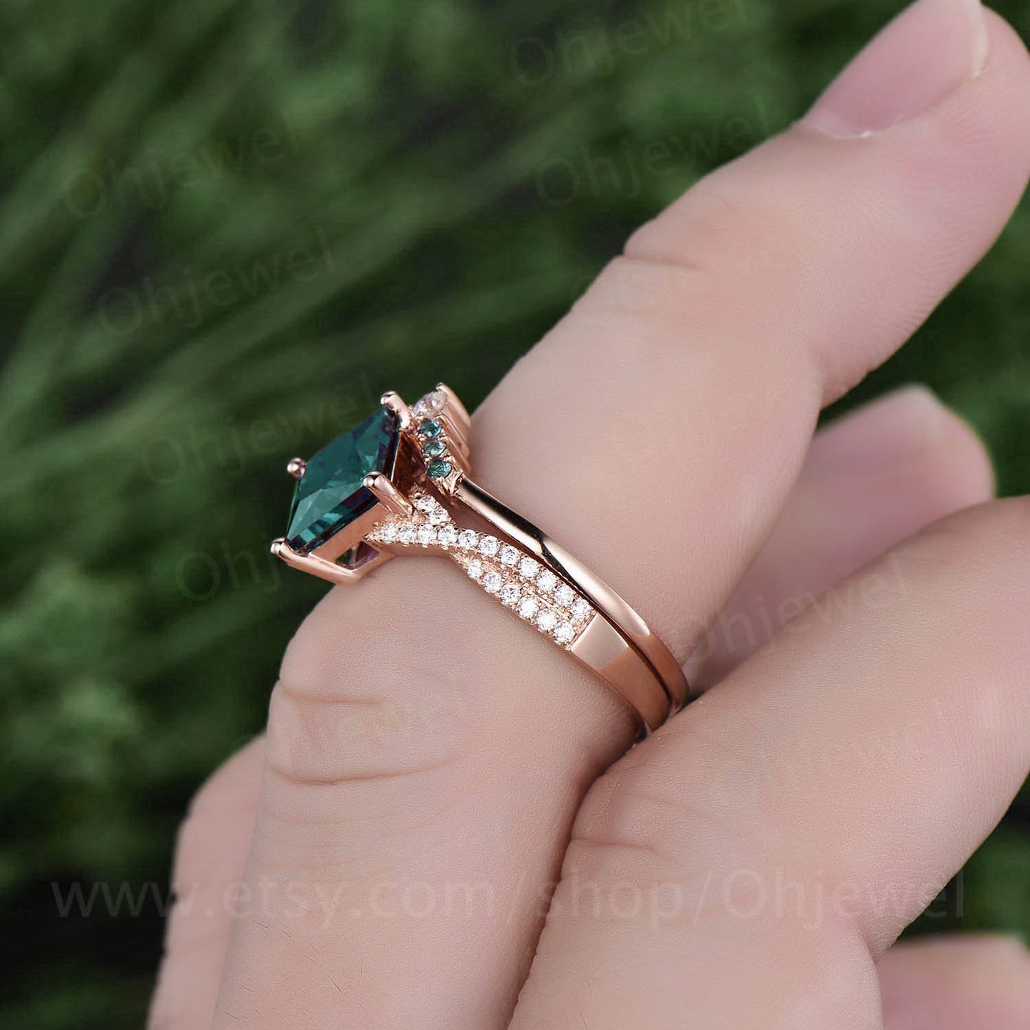2pcs princess cut emerald engagement ring set rose gold ring set natural emerald wedding band moissanite ring May birthstone ring jewelry