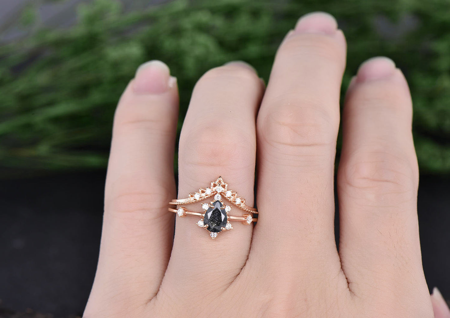 Pear Shaped Black Rutilated Quartz Engagement Ring Rose Gold Women Vintage Bridal Set Unique Moissanite Ring Wedding band Anniversary Gift