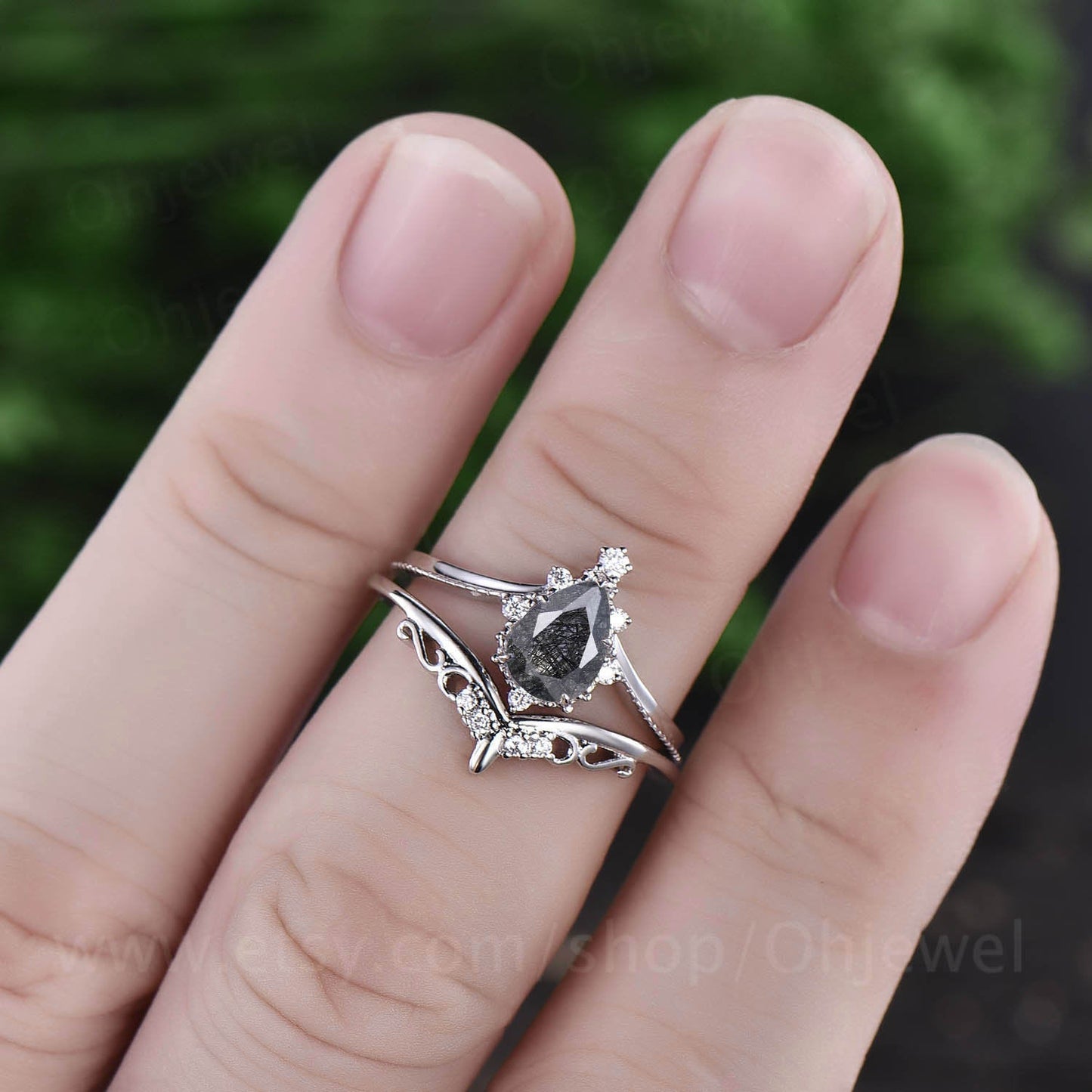 Black rutilated quartz engagement ring set pear rutilated quartz ring Milgrain vintage unique white gold moissanite ring Anniversary gift
