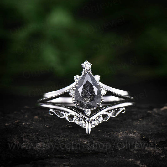 Black rutilated quartz engagement ring set pear rutilated quartz ring Milgrain vintage unique white gold moissanite ring Anniversary gift
