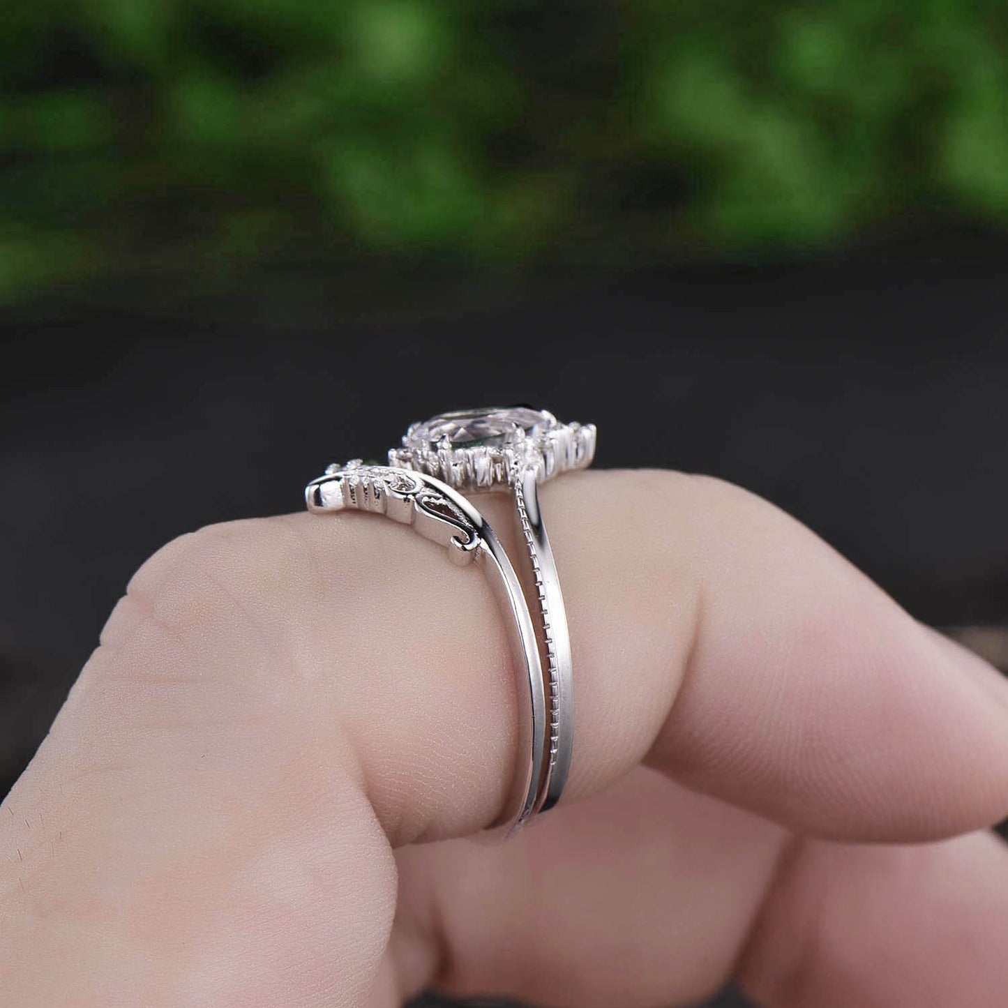 Black rutilated quartz engagement ring set pear rutilated quartz ring Milgrain vintage unique white gold moissanite ring Anniversary gifts