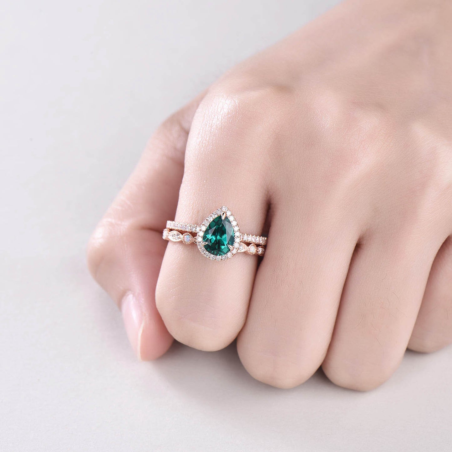 Rose gold ring set 2pcs pear emerald engagement ring set real diamond ring vintage opal ring unique opal wedding band anniversary ring gift