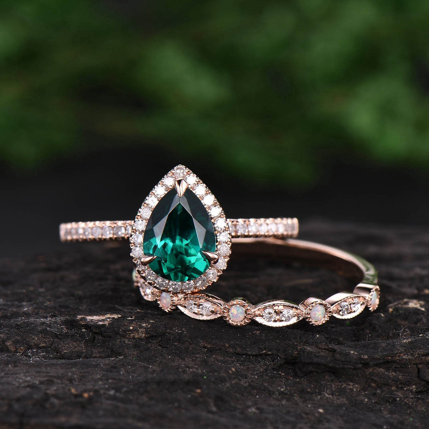 Rose gold ring set 2pcs pear emerald engagement ring set real diamond ring vintage opal ring unique opal wedding band anniversary ring gift