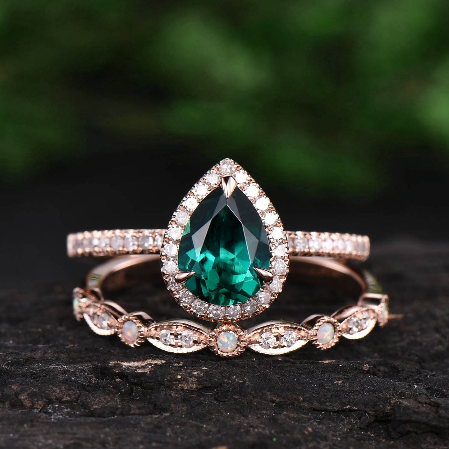 Rose gold ring set 2pcs pear emerald engagement ring set real diamond ring vintage opal ring unique opal wedding band anniversary ring gift
