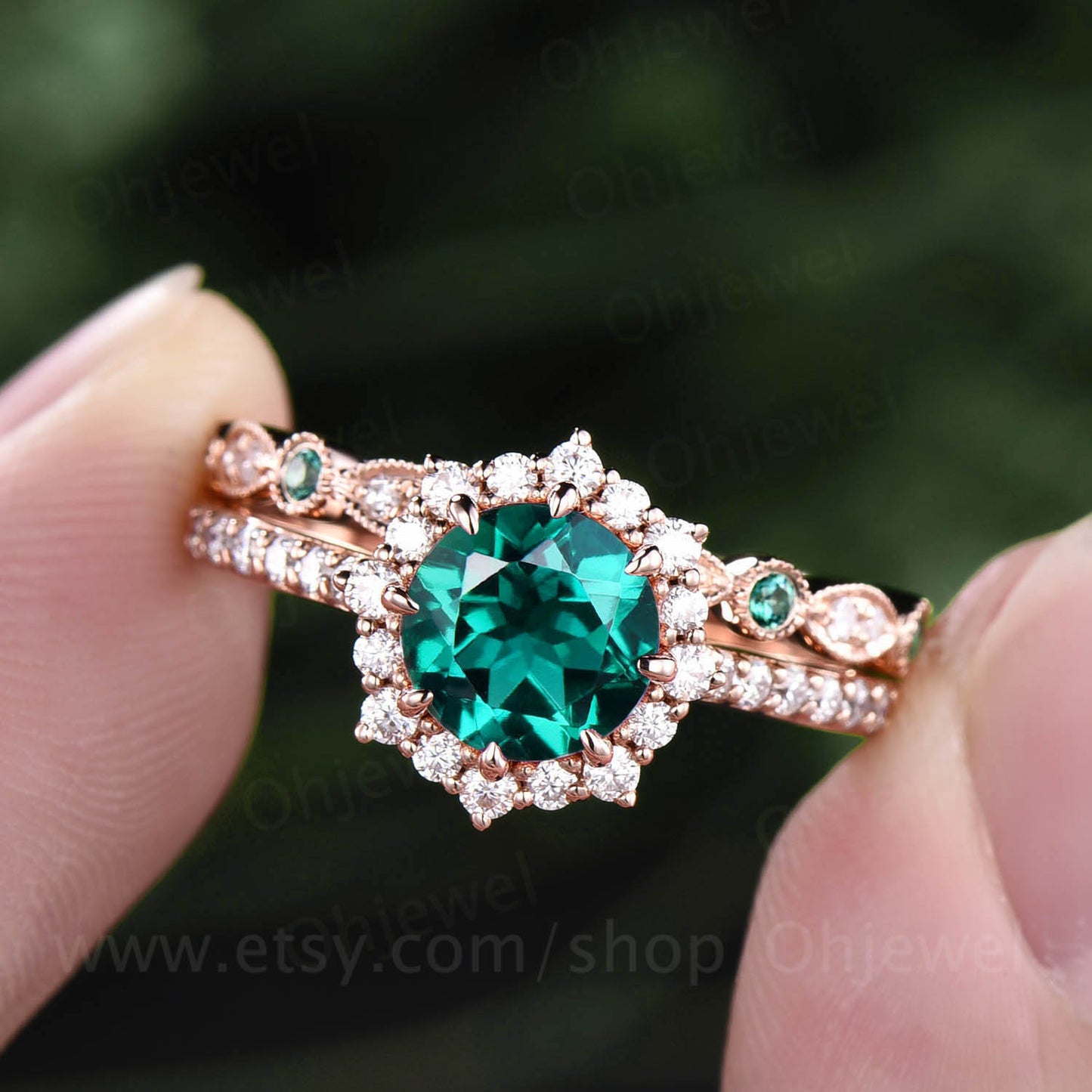2pcs emerald bridal set vintage round emerald engagement ring set rose gold moissanite halo ring diamond ring natural emerald wedding band