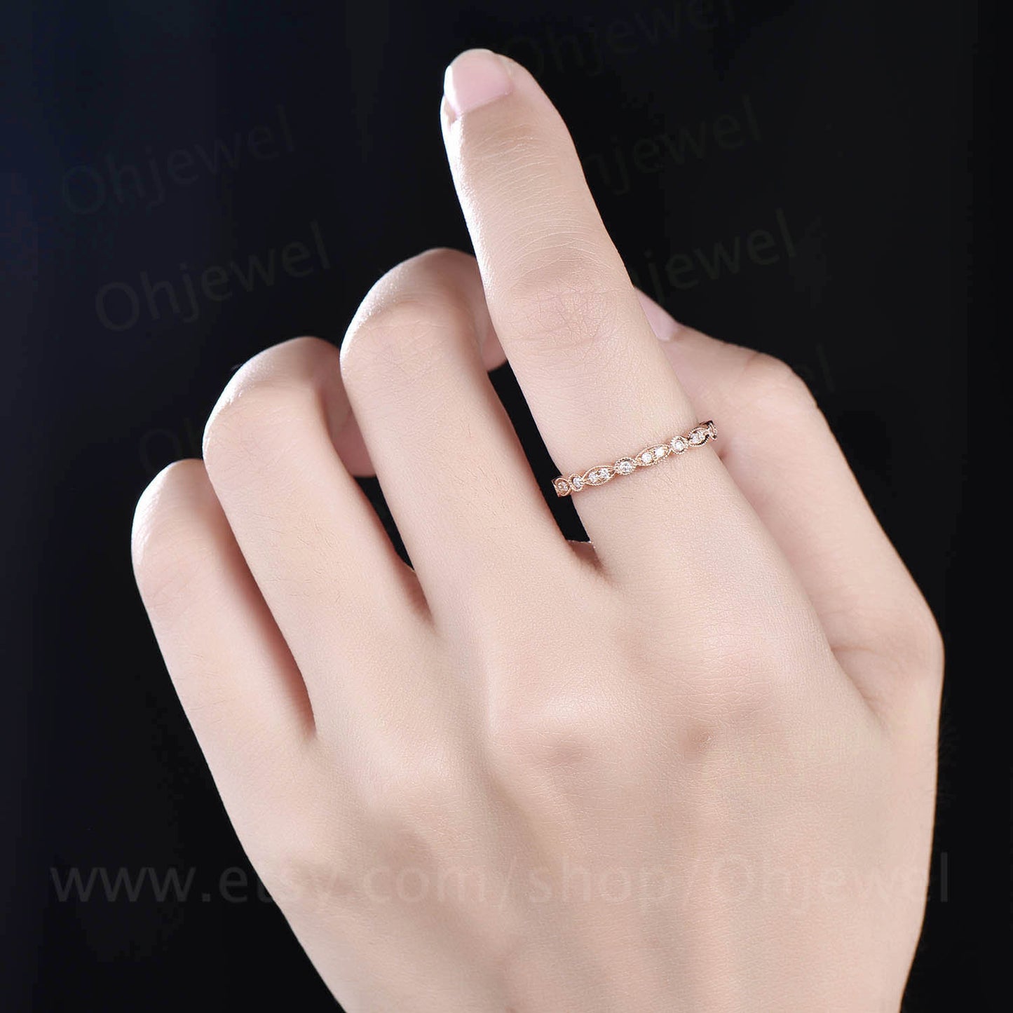 Solid 14k rose gold ring full eternity diamond wedding band vintage unique ring  art deco diamond ring bridal anniversary ring gift for her