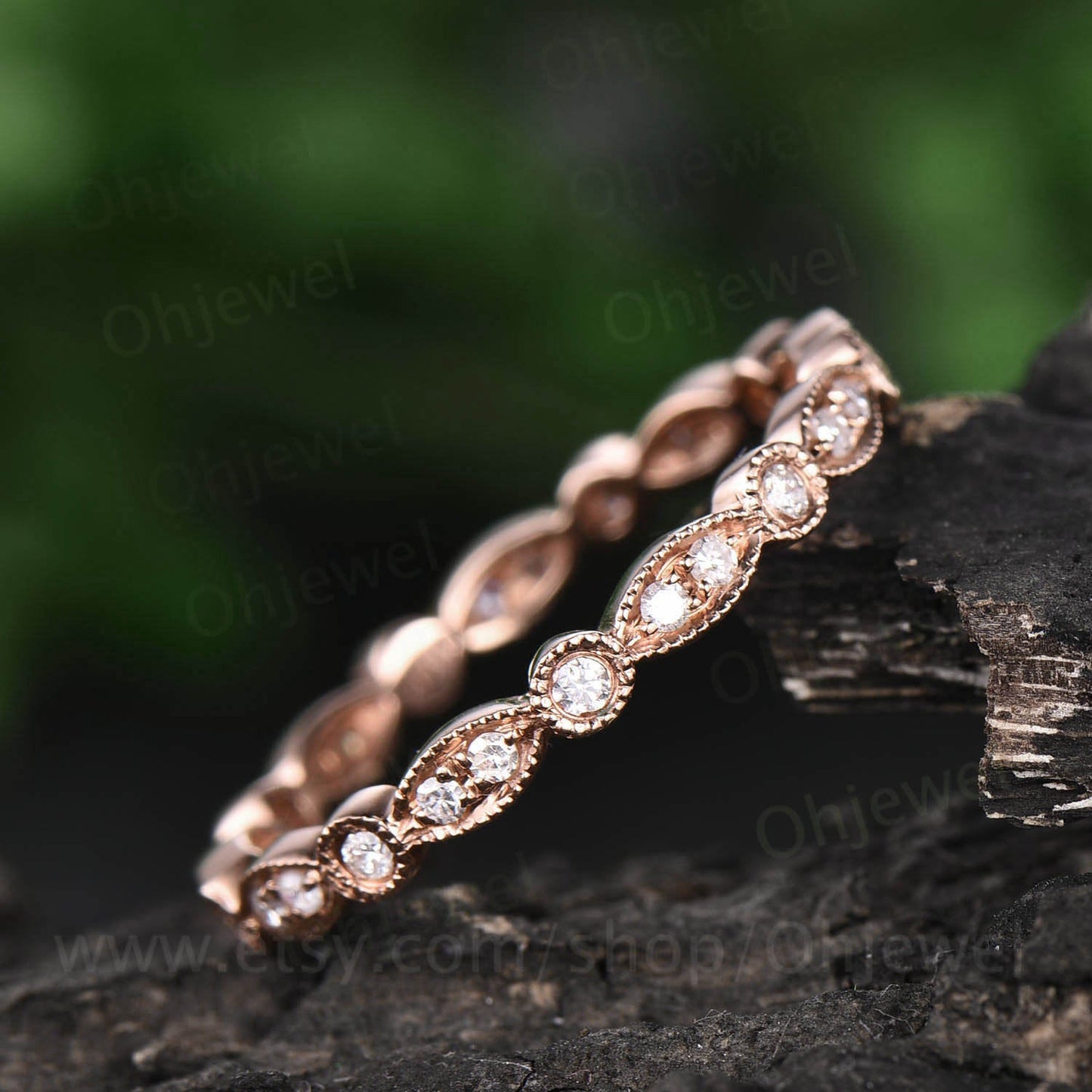 Solid 14k rose gold ring full eternity diamond wedding band vintage unique ring  art deco diamond ring bridal anniversary ring gift for her