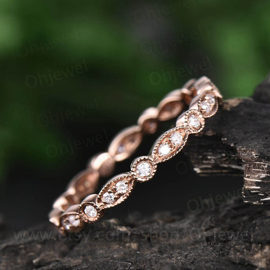Solid 14k rose gold ring full eternity diamond wedding band vintage unique ring  art deco diamond ring bridal anniversary ring gift for her