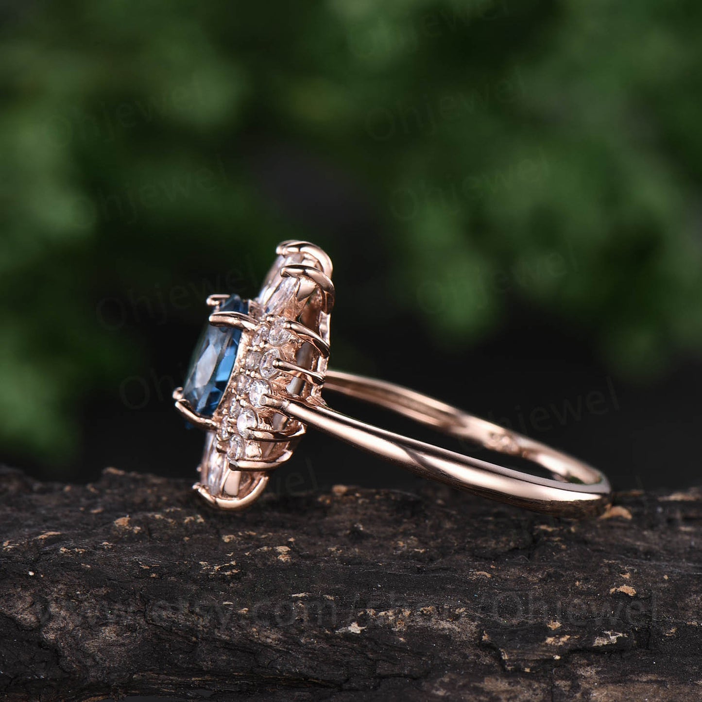 Marquise moissanite ring art deco ring vintage unique halo cluster oval London blue topaz engagement ring rose gold anniversary ring gift