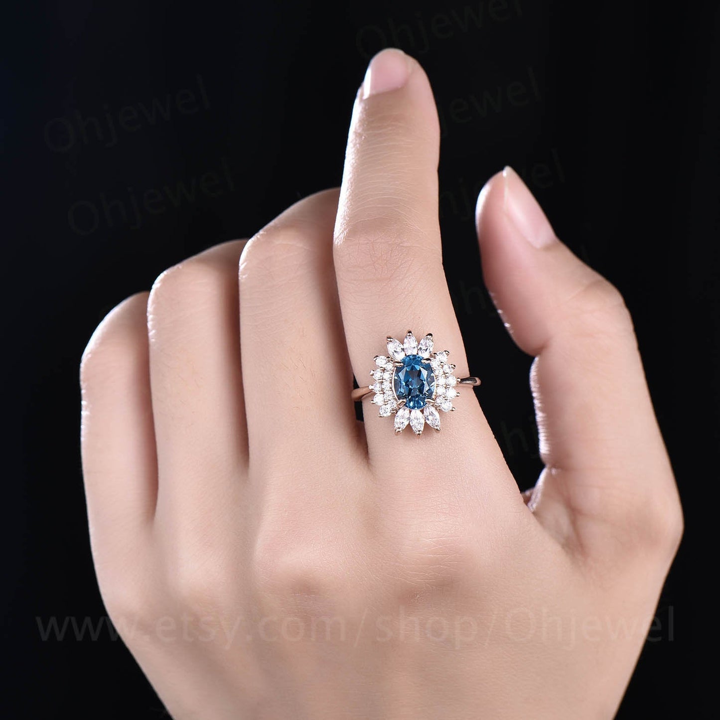 Marquise moissanite ring art deco ring vintage unique halo cluster oval London blue topaz engagement ring rose gold anniversary ring gift
