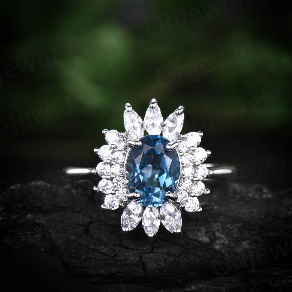 Marquise moissanite ring art deco ring vintage unique halo cluster oval London blue topaz engagement ring rose gold anniversary ring gift